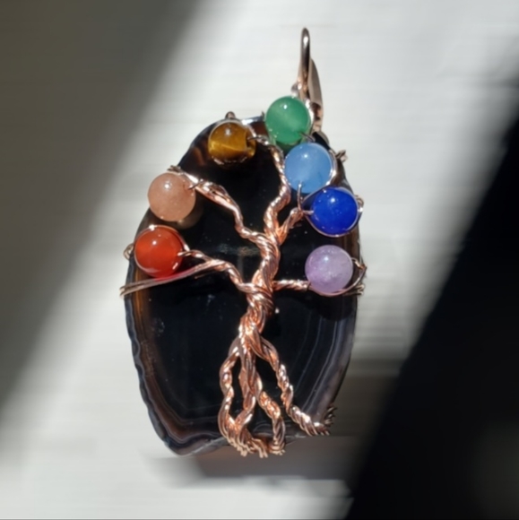 Tree of Life Wire Wrapped Black Onxy Pendant with Chakra Stones - Picture 5 of 6